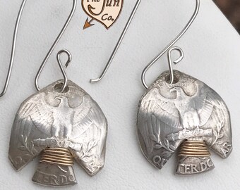 Coin Jewelry/Navajo Silver Earrings/Native American Thunderbird Earrings/Handmade Coin Earrings/Silver and Gold Coin Earrings/Eagle