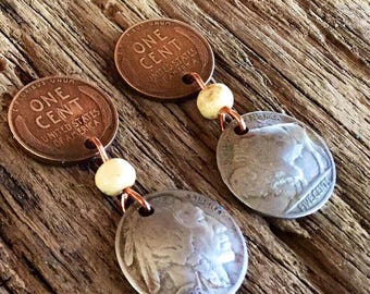 Coin Jewelry/Penny Earrings with Buffalo Nickels/Buffalo Nickel Earrings/Southwestern Nickel Earrings/Pennys/Horse Lover Earrings/Clip-Ons.