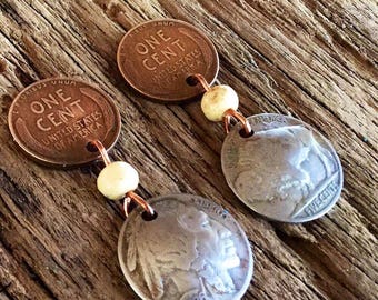 Coin Jewelry/Penny Earrings with Buffalo Nickels/Buffalo Nickel Earrings/Southwestern Nickel Earrings/Pennys/Horse Lover Earrings/Clip-Ons.