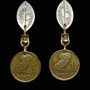 Coin Jewelry/Greek Owl Earrings/Handmade Drachma Greek Owl Coin Earrings/Silver Owl Earrings On Post/Goddess of Wisdom/Brass  Coin Earrings