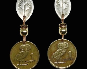 Coin Jewelry/Greek Owl Earrings/Handmade Drachma Greek Owl Coin Earrings/Silver Owl Earrings On Post/Goddess of Wisdom/Brass  Coin Earrings