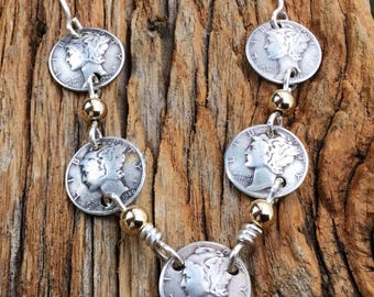 Mother’s Day Coin Jewelry/Silver  Mercury Dime Necklace Gold Beads/Dime Necklace/Silver and Gold Necklace/Coin Necklace/Freedom of Thought