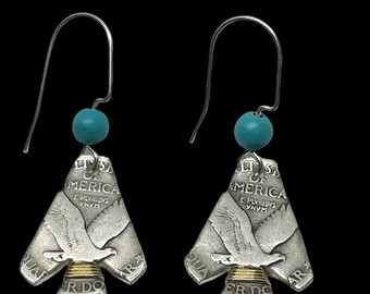 Coin Jewelry/Freedom Flyer Earrings/Silver Quarter Earrings with Eagle/Eagle Earrings/Silver and Turquoise Coin Earrings/Unique Gift NRA