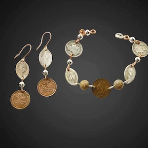 Coin Jewelry Set Bracelet and Earrings. Indian Head Penny and Angel Wings Jewelry. Mother’s Day Jewelry Set. Handmade Coin Jewelry.