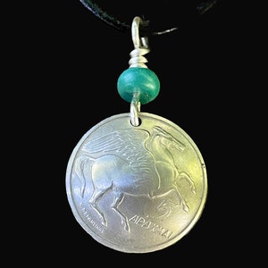 Winged Horse Pegasus Necklace/ Greek Coin with Turquoise/ Horse Necklace/Unique Winged Horse Jewelry/Mother’s Day Necklace with Horse