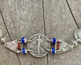 Münz-Schmuck. Silber Münz Armband. Glasperlen Armband. Kobalt Perlen. Handmade Schmuck. One Of A Kind Armband.