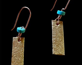 Frosted Brass and Turquoise Earrings/Handmade Petite Earrings/Designer Turquoise Jewelry.