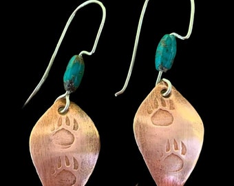 Bear Claw Earrings with Turquoise/Handmade Bear Claw Earrings/Copper Bear Claw Earrings/Unique Bear Claw Earrings/Designer Bear Earrings