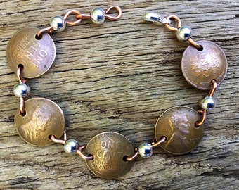 Bijoux pièce de monnaie/bracelet penny rond/bracelet penny blé cuivre/bracelet penny fait main/bracelet penny blé/bracelet penny unique