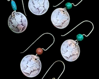 Coin Jewelry/Coin Earrings/Dime Earrings With Bead/Handmade Coin Earrings/Turquoise and Silver Earrings/Mother’s Gift Mercury Dime/Clip-Ons