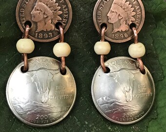 Coin Jewelry Gift Unique Indian Earrings/Handmade Coin Earrings/Tribal Earrings/Navaho Earrings/Clip on Earrings/Handmade Clips