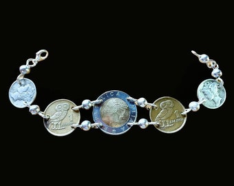 Italian Lira Coin Bracelet. Greek Drachma Owl Coin Bracelet. Mother’s Day Gift. Handmade Bracelet. Silver Mercury Dime Jewelry.
