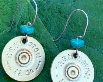 Shotgun Shell Earrings/Remington 12 Guage Earrings/Turqoiuse Earrings with Shot Gun Shells/Brass Earrings with Turquoise/Clip Ons for Hunter