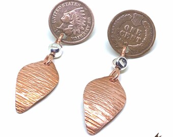 Christmas Native American Indian Earrings. Copper Indian Earrings. Indian Head Penny Earrings. Post Dangle Earrings. Southwestern Earrings.