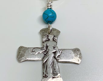 Coin Jewelry Silver Cross Necklace/Handmade Coin Necklace/Mother’s Day Cross Necklace/Walking Liberty Cross Necklace/Unique Cross Necklace