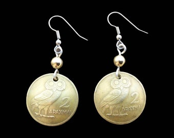 Coin Jewelry/Greek Coin  Earrings/Brass Earrings for Mother/Owl Earrings from Greece/Greek Owl Jewelry/Athena Jewelry/Mother’s Day for Her.