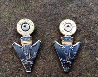 Coin Bullet Stud Earrings/Earrings/Ammo and Gold  Earrings/Montana Quarter Bison Jewelry/Arrrowhead Post Earrings/Bullet Jewelry for Lady