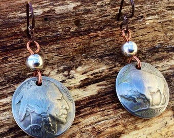 Coin Jewelry/Stunning Nickel Earrings/Clip On Buffalo Earrings/Real Nickel Earrings/Indian Earrings Clip Ons/Indian Jewelry/Gifts under 30
