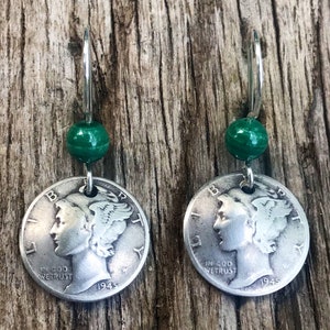 Coin Jewelry Earrings/Malachite and Silver Earrings/Coin Earrings with Malachite/Dime Earrings in 1945/Mother&#39;s Birth Year Earrings