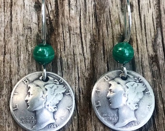 Coin Jewelry Earrings/Malachite and Silver Earrings/Coin Earrings with Malachite/Dime Earrings in 1945/Mother's Birth Year Earrings