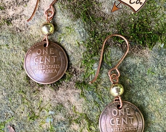 Round Penny Earrings Sterling Silver Bead Dangle Earrings/Gift for her/Penny Earrings/Wheat penny jewelry/Gifts under 20