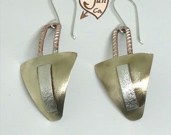 Jewelry Southwest Earrings/Handmade Tri-Metal Earrings/Brass Earrings/Unique Light Weight Earrings/Gift for Her/Clip Ons