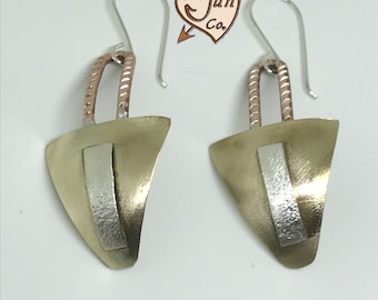 Jewelry Southwest Earrings/Handmade Tri-Metal Earrings/Brass Earrings/Unique Light Weight Earrings/Gift for Her/Clip Ons