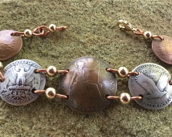 Superbe bracelet penny/bracelet pièce pour elle/bracelet pièce en cuivre/bracelet en argent et cuivre avec pièces/cadeau de fête des mères pour elle.
