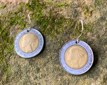 Coin Jewelry/500 Italian Lira on Wire Earrings/Italian Coin Earrings/Handmade Italian Coins/500 Lira/Gifts under 30