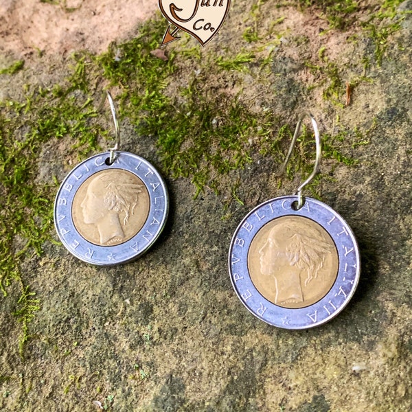 Coin Jewelry/500 Italian Lira on Wire Earrings/Italian Coin Earrings/Handmade Italian Coins/500 Lira/Gifts under 30