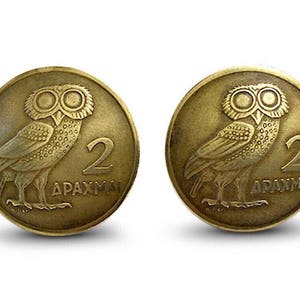 Greek Coin Jewelry/Greek Post Earrings/Brass Drachma Earrings/Athena Jewelry/Post Earrings/Owl Earrings/Mythology/Gifts under 30/Clips