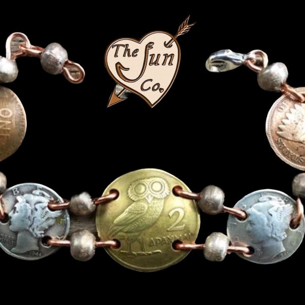 Coin Jewelry/Greek Coin Bracelet/Coin Bracelet from Greece/Brass, Silver, and Copper Bracelet/Owl Bracelet/Coin Bracelet/Bracelet with Owl