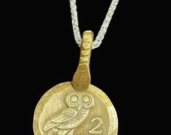 Goddess of Wisdom Necklace. Greek Drachma Owl Coin Necklace. Silver and Brass Necklace. Silver Handmade Jewelry. Brass Necklace for Her.
