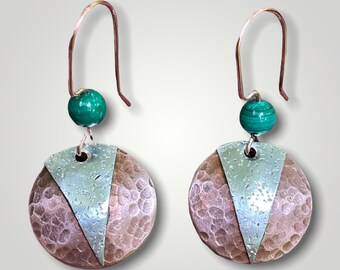 Copper and Silver with Malachite Earrings. Handmade Earrings. Copper and Silver Jewelry. Unique Earrings with Malachite.