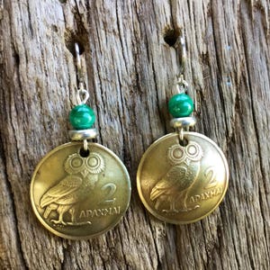 Coin Greek Owl Earrings/Greek Drachma Owl with Malachite Earrings/Owl Earrings/Athena Earrings/Goddess of Wisdom Gift/Brass Owl Earrings