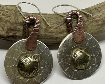 Tri Metal Southwestern Earrings/Mixed Color/Unique Patterned Jewelry/Handmade Designer Light Weight/ Mother’s Day Gift for Her