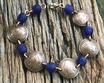 Coin Jewelry/Round Penny Bracelet/Cobalt and Copper Bracelet/Coin Bracelet/Indian Penny/Southwestern Bracelet/Indian Coin