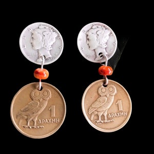 Coin Jewelry/Stunning Owl Earrings/Silver Dime Coin Earrings/Owl Earrings/Silver Earrings with Owl/Mythology Earrings/Gift for Mom