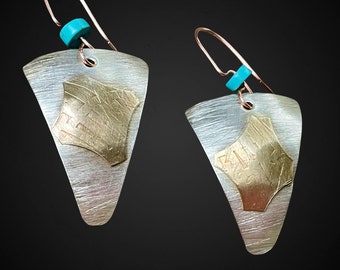 Silver, Brass and Turquoise Earrings. Light Weight Silver Earrings. Designer Earrings. Handmade Southwestern Earrings with Turquoise.