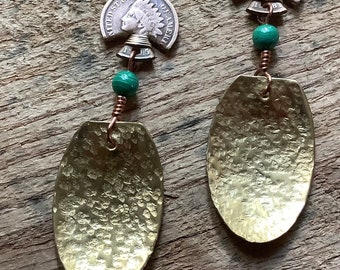 Indian Head Penny Earrings with Brass Dangle. Long Brass and Copper Earrings One of A Kind Jewelry. Designer Earrings with Pennies. Old Coin