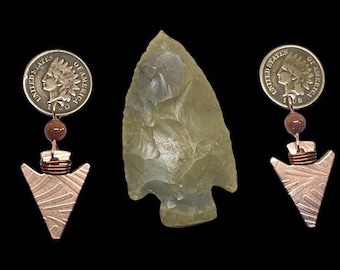 Indian Head Penny With Copper Arrowhead Earrings. Sun Stone Beads and Copper Earrings. American Native Jewelry With Coins. Indian Jewelry.