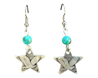 Coin Jewelry/Lucky Star Earrings/Star Torquoise Bead Earrings/Star Earrings/Patriotic Earrings/Silver Earrings with Torquoise/Christmas Gift