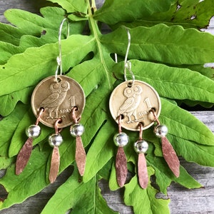 Goddess Jewelry/Stunning Drachma Earrings/Owl Earrings with Feathers/Athena Earrings/Brass Coin Earrings/Gift For Mother’s Day.