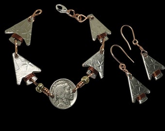 Buffalo Nickel Bracelet. Native American Arrowhead Bracelet. Handmade Coin Bracelet with Buffalo And Matching Arrowhead Earrings. Texas Coin