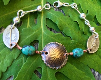 Coin Jewelry/Stunning Brass Bracelet/Turquoise and Silver Bracelet for Mother’s Day Handmade Southwestern Bracelet/Rustic Bracelet for Her