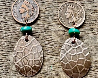 Christmas Earrings. Indian Head Penny and Copper Free Form Earrings. Turquoise and Copper Earrings. Post Back Earrings.
