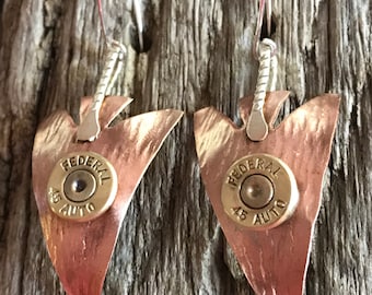 Copper Earrings/45 Bullet Earrings/Copper and Silver Earrings with Brass Bullet/Handmade Bullet Earrings/Brass Bullets/Mother’s Day Earrings