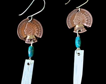 Coin Jewelry/Penny Earrings with Turquoise/Copper and Silver Earrings/Indian Penny Earrings/Coin Earrings that Dangle