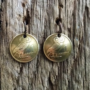 Greek Owl Earrings/Greek Coin Earrings/Owl Jewelry/Greek Goddess of Wisdom Gift for Her/Brass Coin Earrings/Owls/Gifts under 30