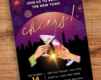 May include: A purple and black New Year's Eve party invitation with gold text that reads "Join us to bring in the new year! cheers!"  The invitation features a cityscape with fireworks and two hands clinking glasses of champagne.